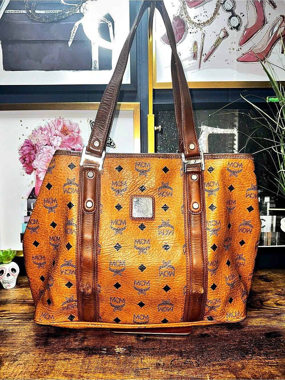 MCM Cognac Visetos Monogram Tote Bag